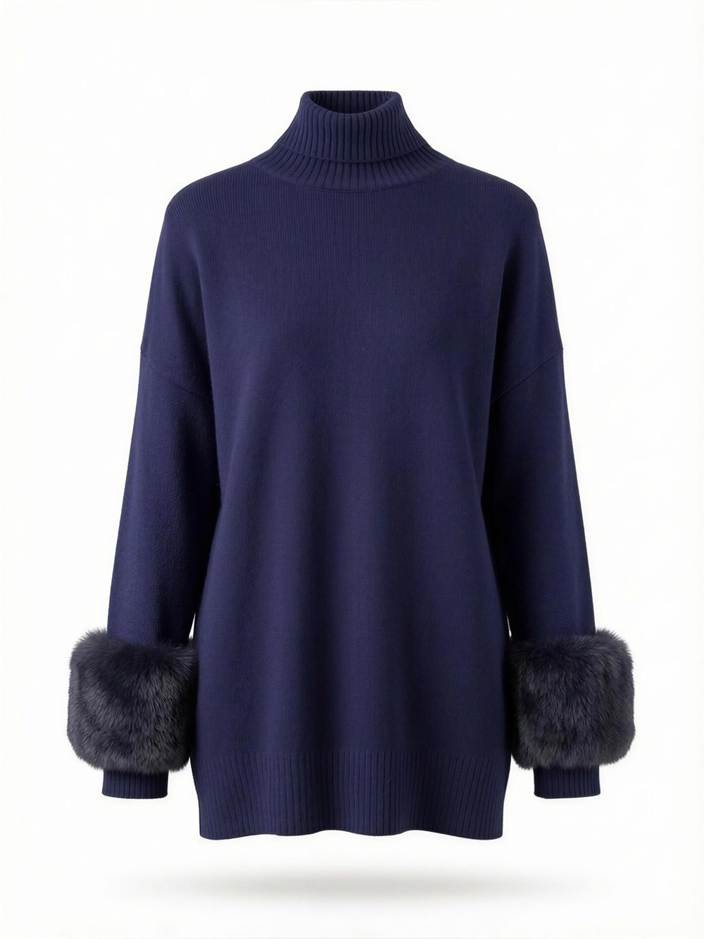 Women’s Saks Fifth Avenue Turtleneck Sweater with Faux Fur Cuffs in Navy Size L